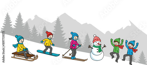 Happy kids enjoying winter activities sledding skiing snowboarding building snowman playing together in snowy mountains forest cartoon vector illustration