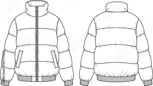Winter puffer jacket front and back technical sketch, insulated coat apparel mockup, fashion template, cad drawing flat vector