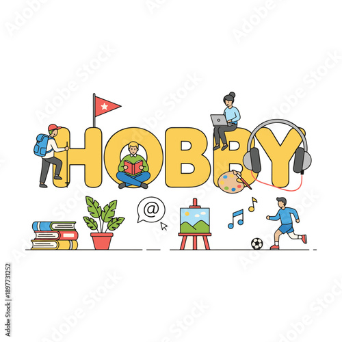 Hobby text concept with people painting playing music and hiking vector illustration.