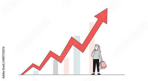 Businesswoman standing next to upward trending graph illustration.