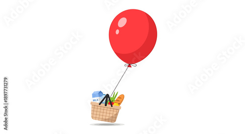 Red balloon lifting a wicker basket with various items.