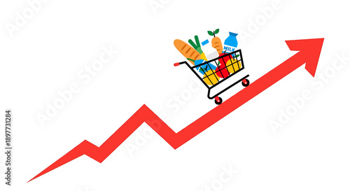 Shopping Cart with Groceries on Rising Graph Arrow.