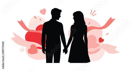 Couple holding hands amidst red hearts a romantic silhouette