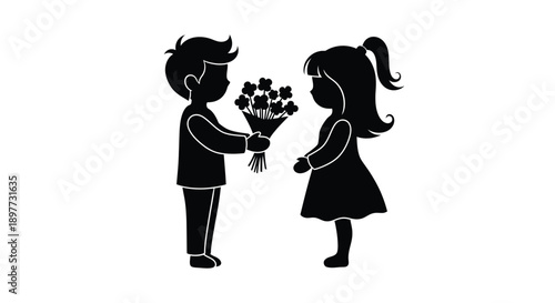A boy gifting flowers to a girl a charming black silhouette