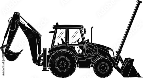 Black silhouette of heavy industrial backhoe loader tractor with excavator bucket and front loader isolated on white background for construction