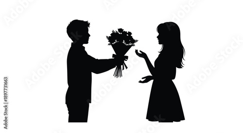 A romantic gesture of gifting flowers to a loved one silhouette