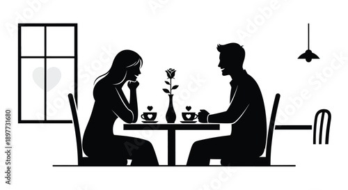 A romantic dinner for two captured in stark silhouette