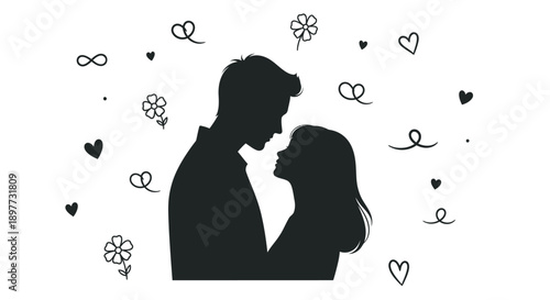 Couple embracing affectionately amidst floating hearts a romantic silhouette