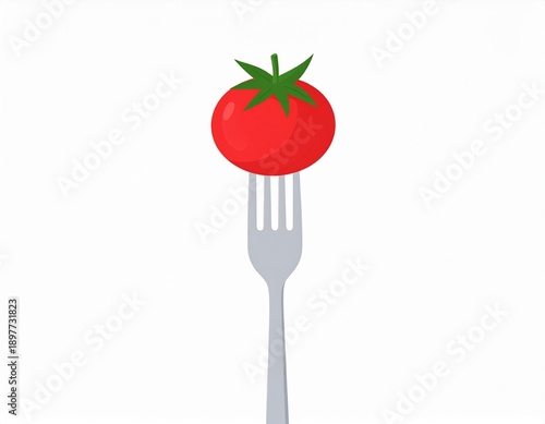 A vibrant illustration of a ripe red tomato impaled on a silver fork, ready to eat.