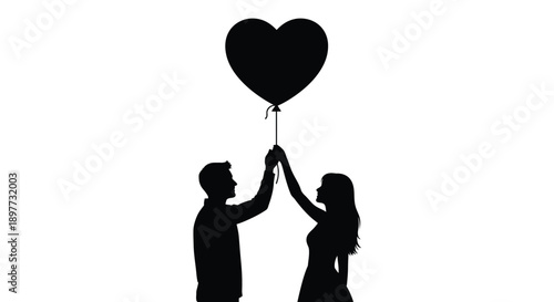Couple releasing a heart shaped balloon into the air silhouette