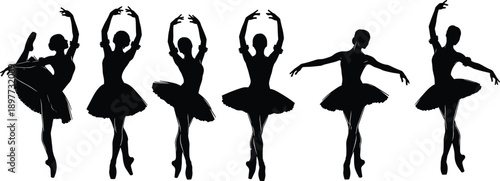 Ballet dancer silhouettes collection featuring graceful ballerina poses classical tutu dance movements performance art black flat vector illustration
