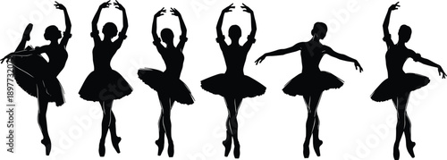 Ballet dancer silhouettes set graceful ballerina poses classical dance performance tutu figures elegant movement black flat vector illustration
