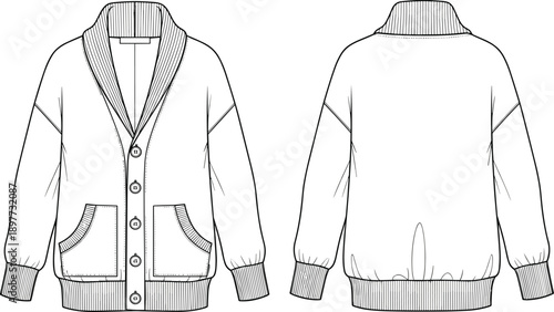 Black and white shawl collar cardigan sweater technical flat front back view knit jacket outline vector apparel template