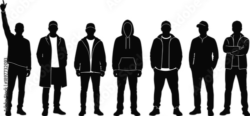Large Collection of Seven Black Silhouettes of Men in Casual Streetwear Outfits Including Hoodies Jackets and Coats Standing in Various Poses Set