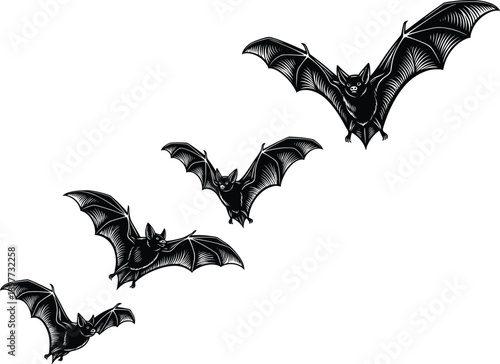 Flying bat silhouettes isolated on white background, spooky Halloween wildlife vector illustration set, nocturnal animals, gothic horror design