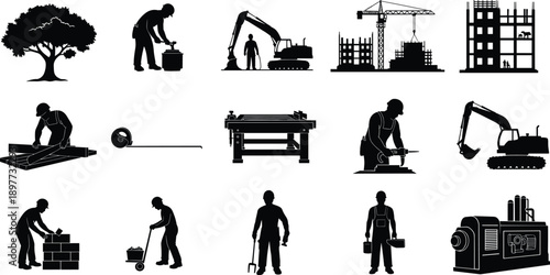 Construction Site Vector Silhouette Set with Workers Excavators Cranes Tools Building Structures Masonry Carpentry Industrial Equipment and Large Oak Tree Landscape