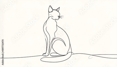 A single continuous line art drawing of a seated cat in profile. The minimalist image has smooth curves and sits on a thin horizon line