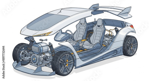 Futuristic Electric Car Cutaway Illustration.