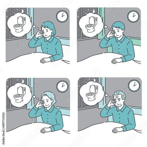 夜間頻尿で夜中にトイレに起きる男女・高齢者のイラストセット（頻尿・尿漏れ・睡眠障害）