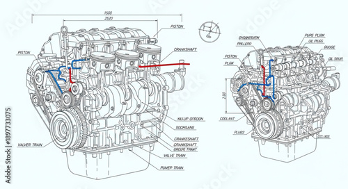 Detailed Technical Drawing of a Powerful V8 Engine.