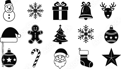 Christmas holiday icon set featuring snowman gift bell reindeer santa tree ornament candy cane stocking festive vector collection