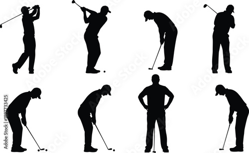 Golf player silhouettes collection showing swing putting stance golfer action poses sport training recreation black flat vector illustration