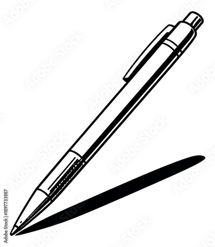 Hand drawn line art illustration of a ballpoint pen depicting a writing instrument for education and office