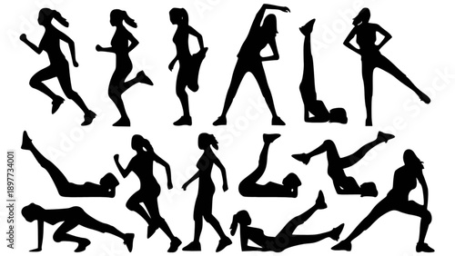 Black silhouette vector collection of people performing different workout and exercise poses. Ideal for fitness branding, gym posters, sports designs, and health-related content.