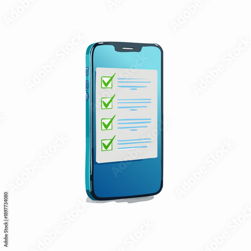 3D Mobile phone with Checklist. Smartphone screen with checkmarks. To do list with completed tasks. Note with survey or done test.