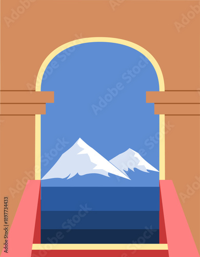 illustration of mountain landscape, Minimalist flat illustration of a mountain landscape viewed through a classic archway architectural frame