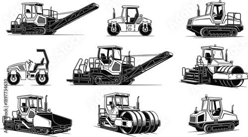 Set of Professional Heavy Duty Road Construction Machinery Vector Icons Featuring Asphalt Pavers Rollers Cold Planers and Paving Equipment Illustrations
