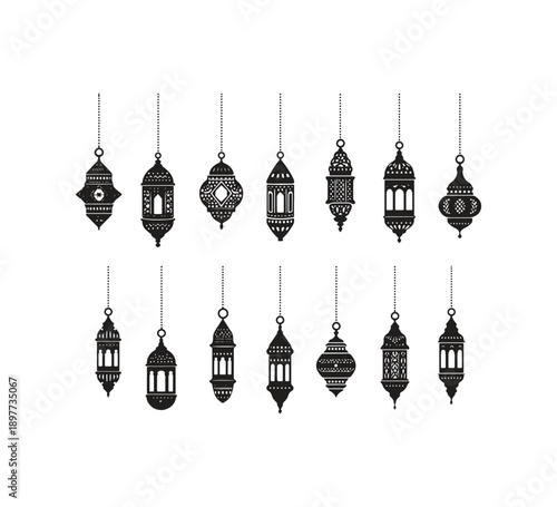 Set of decorative lamps and glowing light bulbs on a black background in vintage Ramadan vector style