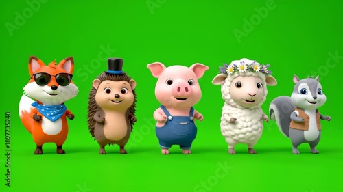 Adorable 3D cartoon animals dancing together in coordinated animation