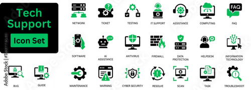Silhouette vector of Tech Support icon set. Icon of IT support, troubleshooting, help desk, cybersecurity, system backup, AI assistance, problem solving, and more. Solid vector