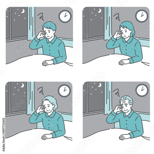 夜中に目が覚めて眠れない男女・高齢者のイラストセット（不眠症・中途覚醒・睡眠障害）