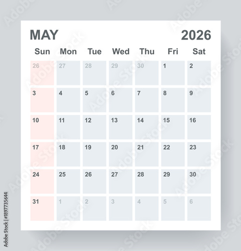 Minimal May 2026 calendar layout with Sunday start. Structured monthly grid for planning and organization. Modern vector illustration.