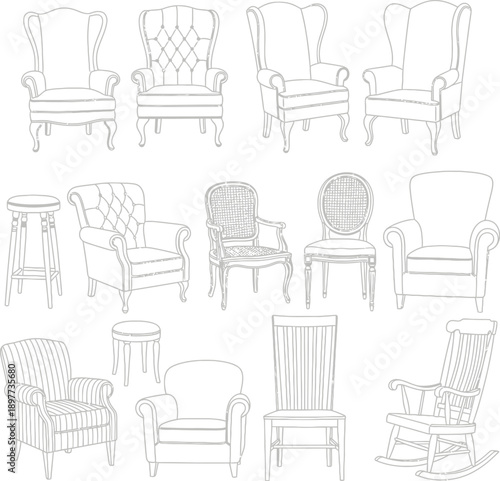 Illustration of collection of various chair styles and designs illustrated in line art