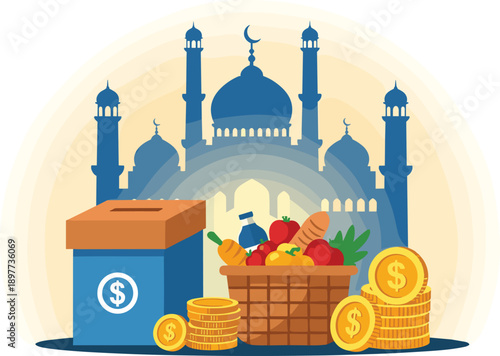 Charity illustration with donation box, food basket, gold coins, mosque background, crescent moon, Islamic Zakat Ramadan theme