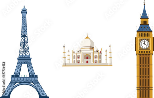 Global landmark icons with Eiffel Tower, Taj Mahal, Big Ben, cultural heritage architecture illustration, tourism travel theme