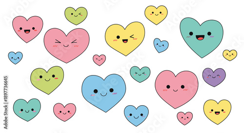 Cute colorful hearts with smiling faces a charming cartoon silhouette