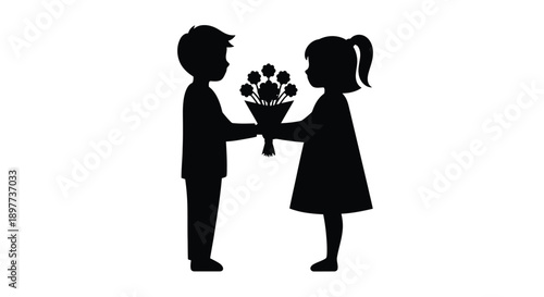 A young boy gifting flowers to a girl a charming silhouette