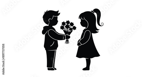 A young boy offering flowers to a girl a charming silhouette