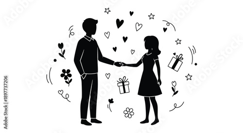 Couple exchanging gifts and holding hands a romantic black silhouette