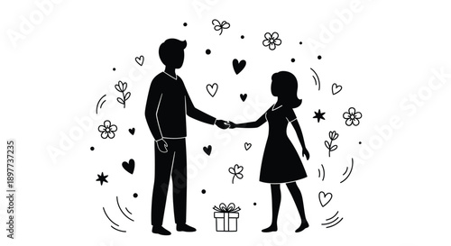Couple holding hands with hearts and flowers a romantic silhouette