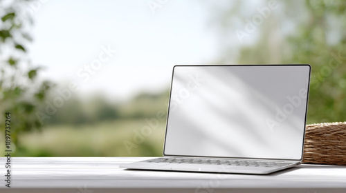 Open laptop on white table with blank screen and blurred nature background, peaceful workspace