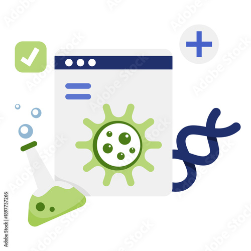 Flat illustration of DNA analysis report with chart and helix in medical lab setting. Modern scientific atmosphere. Perfect for genomics app, biotech UI, medical dashboard.