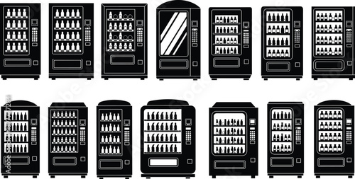 Black vending machine silhouette collection featuring snack and drink dispensers in multiple designs isolated on white background for retail service icon vector use