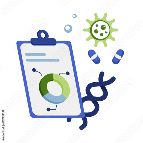 Flat illustration of DNA analysis report with chart and helix in medical lab setting. Modern scientific atmosphere. Perfect for genomics app, biotech UI, medical dashboard.