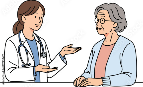 A compassionate female doctor with a stethoscope consults an elderly woman with gray hair and glasses in a clean line art illustration.