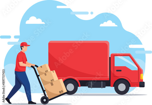 A delivery man in a red uniform pushes a hand truck with cardboard boxes towards a large red cargo truck.